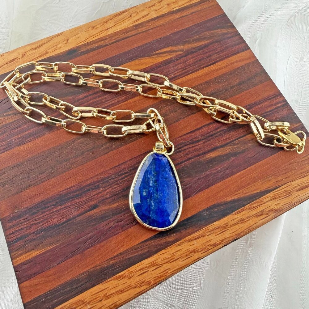 Blue Sodalite Teardrop Pendant Necklace - Gold Tone